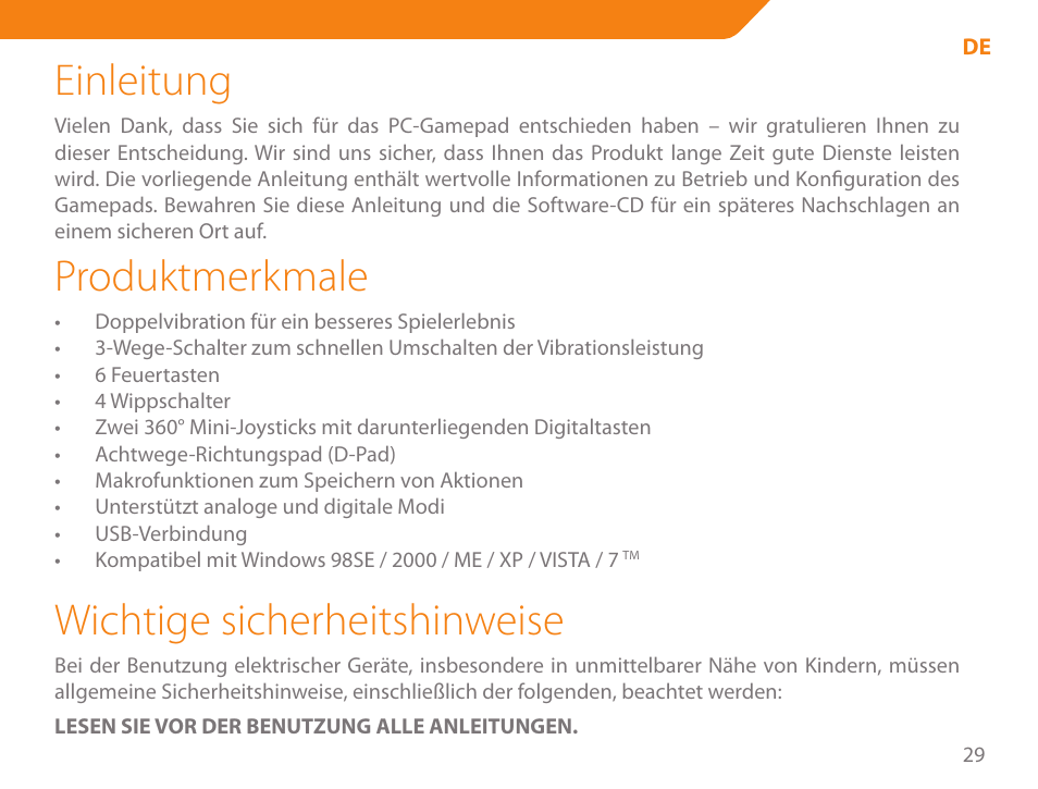 Einleitung, Produktmerkmale, Wichtige sicherheitshinweise | Acme GA03 User Manual | Page 29 / 80