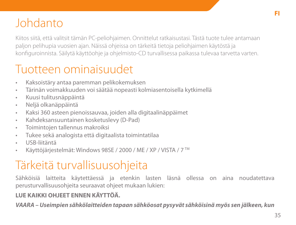 Johdanto, Tuotteen ominaisuudet, Tärkeitä turvallisuusohjeita | Acme GA03 User Manual | Page 35 / 80