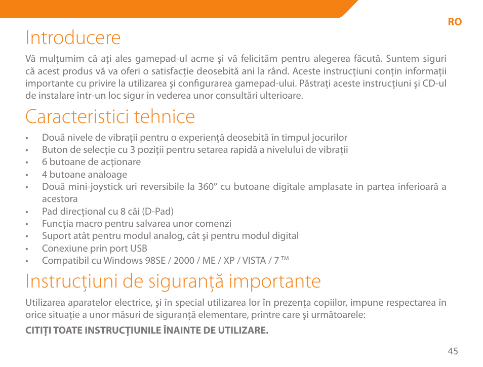 Introducere, Caracteristici tehnice, Instrucţiuni de siguranţă importante | Acme GA03 User Manual | Page 45 / 80