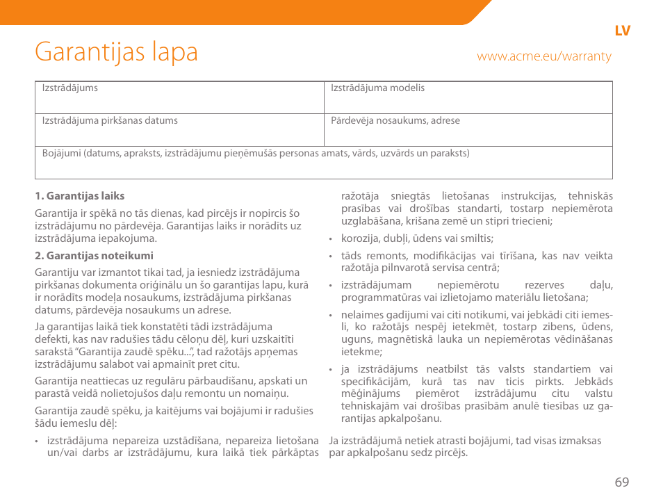 Garantijas lapa | Acme GA03 User Manual | Page 69 / 80