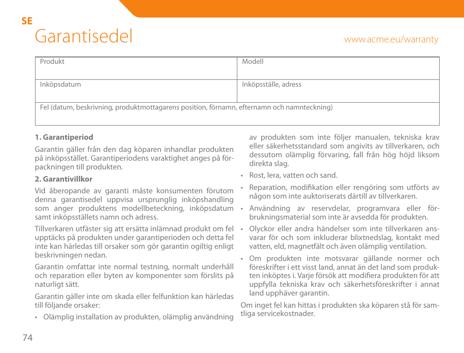 Garantisedel | Acme GA03 User Manual | Page 74 / 80