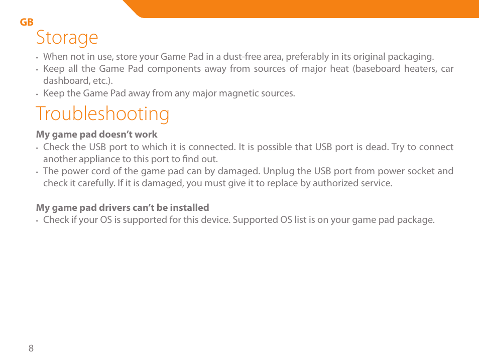 Storage, Troubleshooting | Acme GA03 User Manual | Page 8 / 80