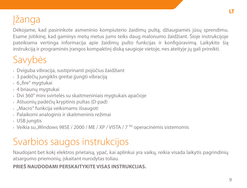 Įžanga, Savybės, Svarbios saugos instrukcijos | Acme GA03 User Manual | Page 9 / 80