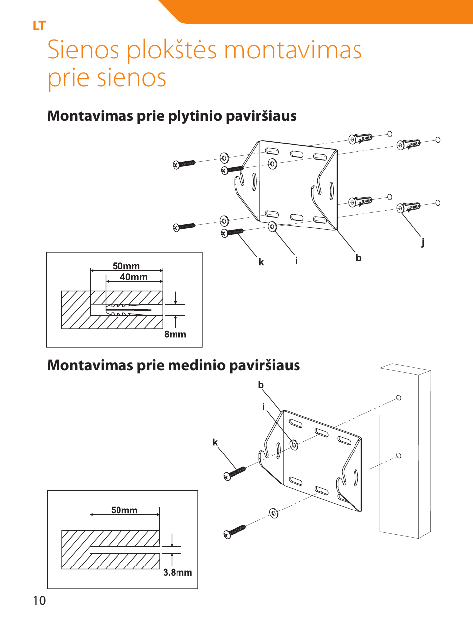 Sienos plokštės montavimas prie sienos | Acme LCD109 User Manual | Page 10 / 66