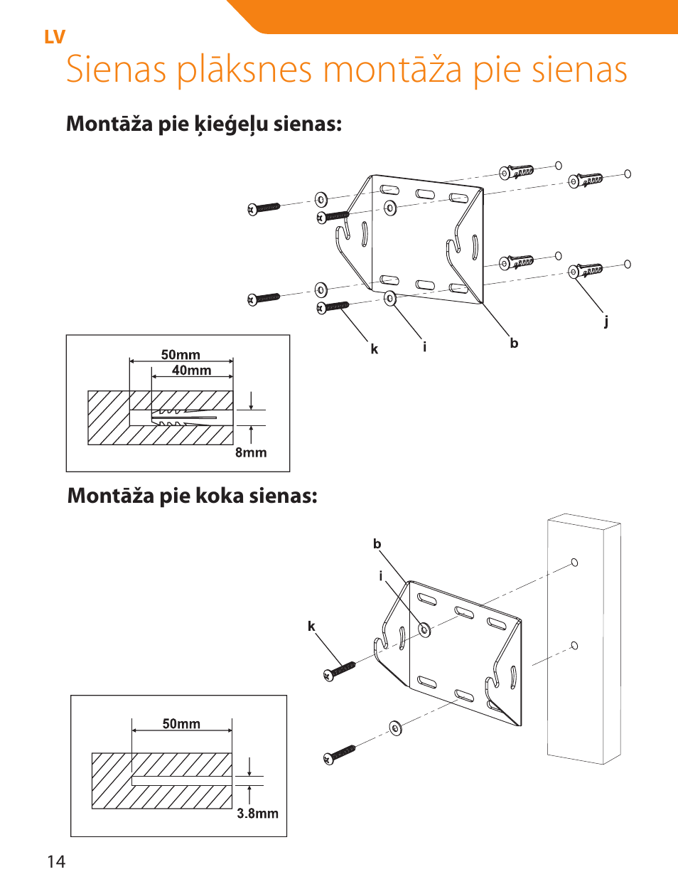 Sienas plāksnes montāža pie sienas | Acme LCD109 User Manual | Page 14 / 66