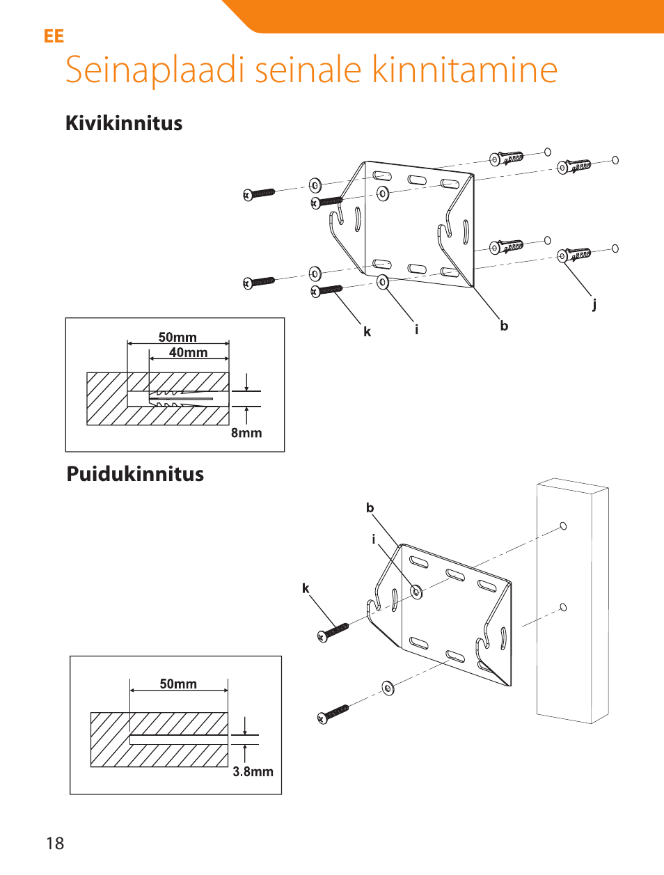 Seinaplaadi seinale kinnitamine | Acme LCD109 User Manual | Page 18 / 66