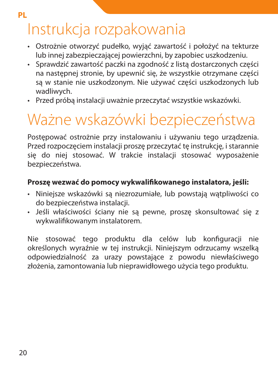 Instrukcja rozpakowania, Ważne wskazówki bezpieczeństwa | Acme LCD109 User Manual | Page 20 / 66