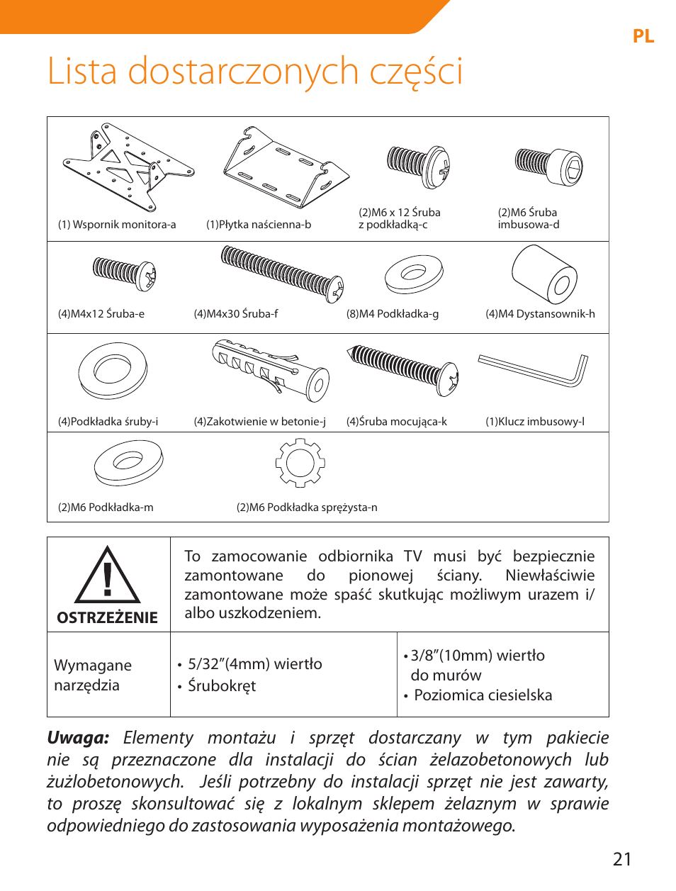 Lista dostarczonych części, 21 pl | Acme LCD109 User Manual | Page 21 / 66