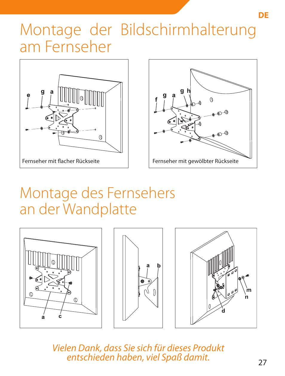 Montage der bildschirmhalterung am fernseher, Montage des fernsehers an der wandplatte | Acme LCD109 User Manual | Page 27 / 66