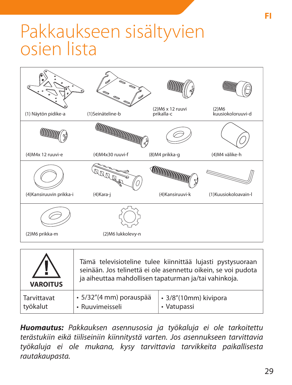 Pakkaukseen sisältyvien osien lista, 29 fi | Acme LCD109 User Manual | Page 29 / 66