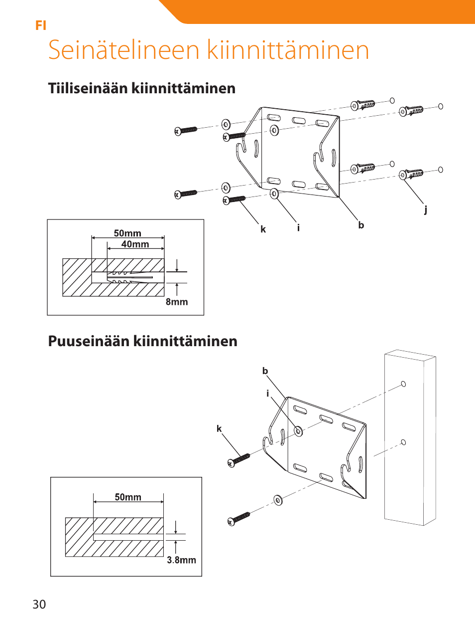 Seinätelineen kiinnittäminen | Acme LCD109 User Manual | Page 30 / 66