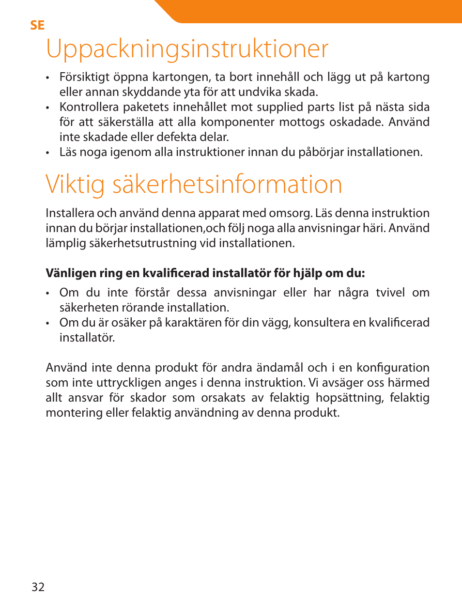 Uppackningsinstruktioner, Viktig säkerhetsinformation | Acme LCD109 User Manual | Page 32 / 66