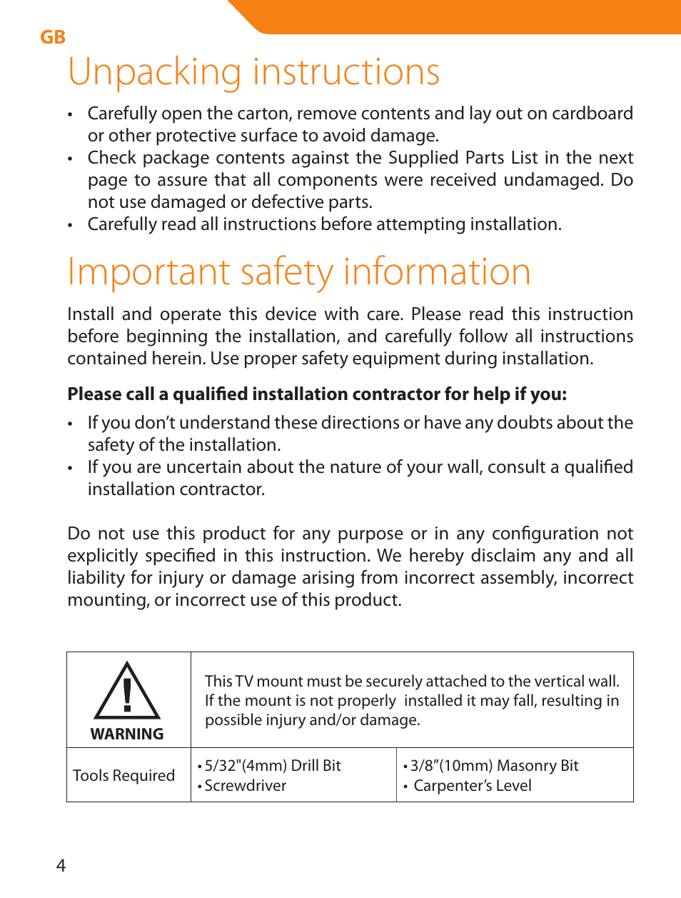 Unpacking instructions, Important safety information | Acme LCD109 User Manual | Page 4 / 66