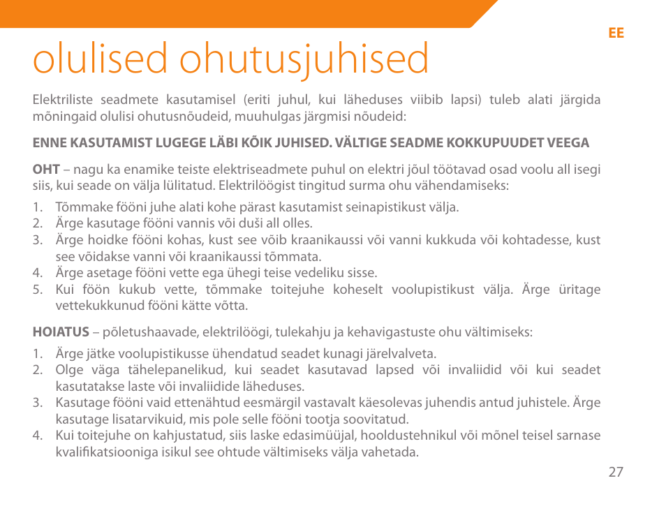 Olulised ohutusjuhised | Acme HD-210I User Manual | Page 27 / 90