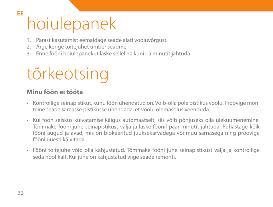 Hoiulepanek, Tõrkeotsing | Acme HD-210I User Manual | Page 32 / 90