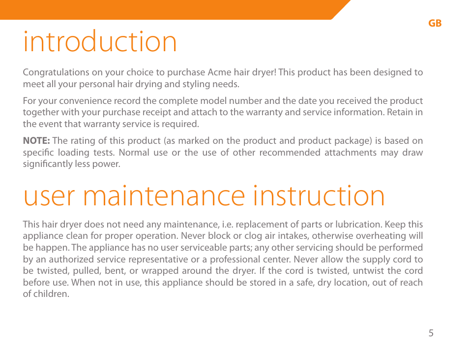 Introduction, User maintenance instruction | Acme HD-210I User Manual | Page 5 / 90