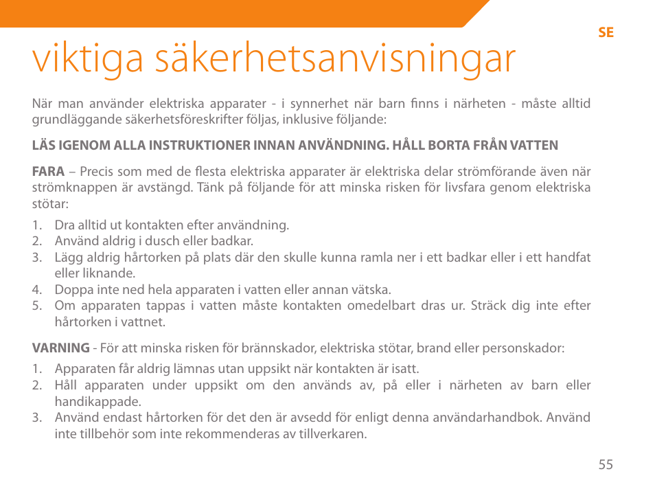 Viktiga säkerhetsanvisningar | Acme HD-210I User Manual | Page 55 / 90