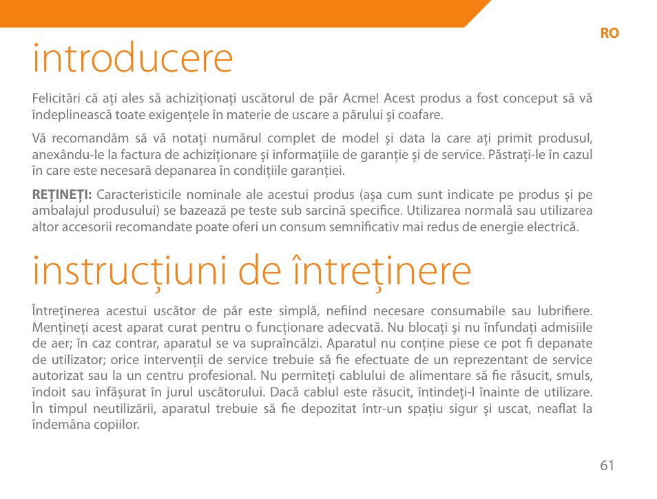 Introducere, Instrucţiuni de întreţinere | Acme HD-210I User Manual | Page 61 / 90