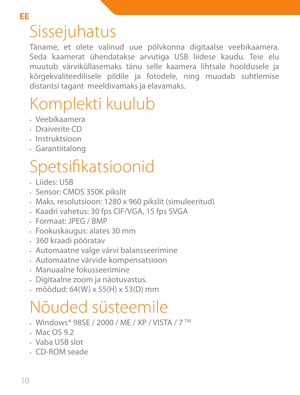 Sissejuhatus, Komplekti kuulub, Spetsifikatsioonid | Nõuded süsteemile | Acme CA03 User Manual | Page 10 / 40