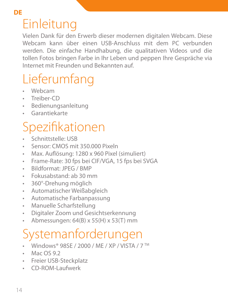 Einleitung, Lieferumfang, Spezifikationen | Systemanforderungen | Acme CA03 User Manual | Page 14 / 40