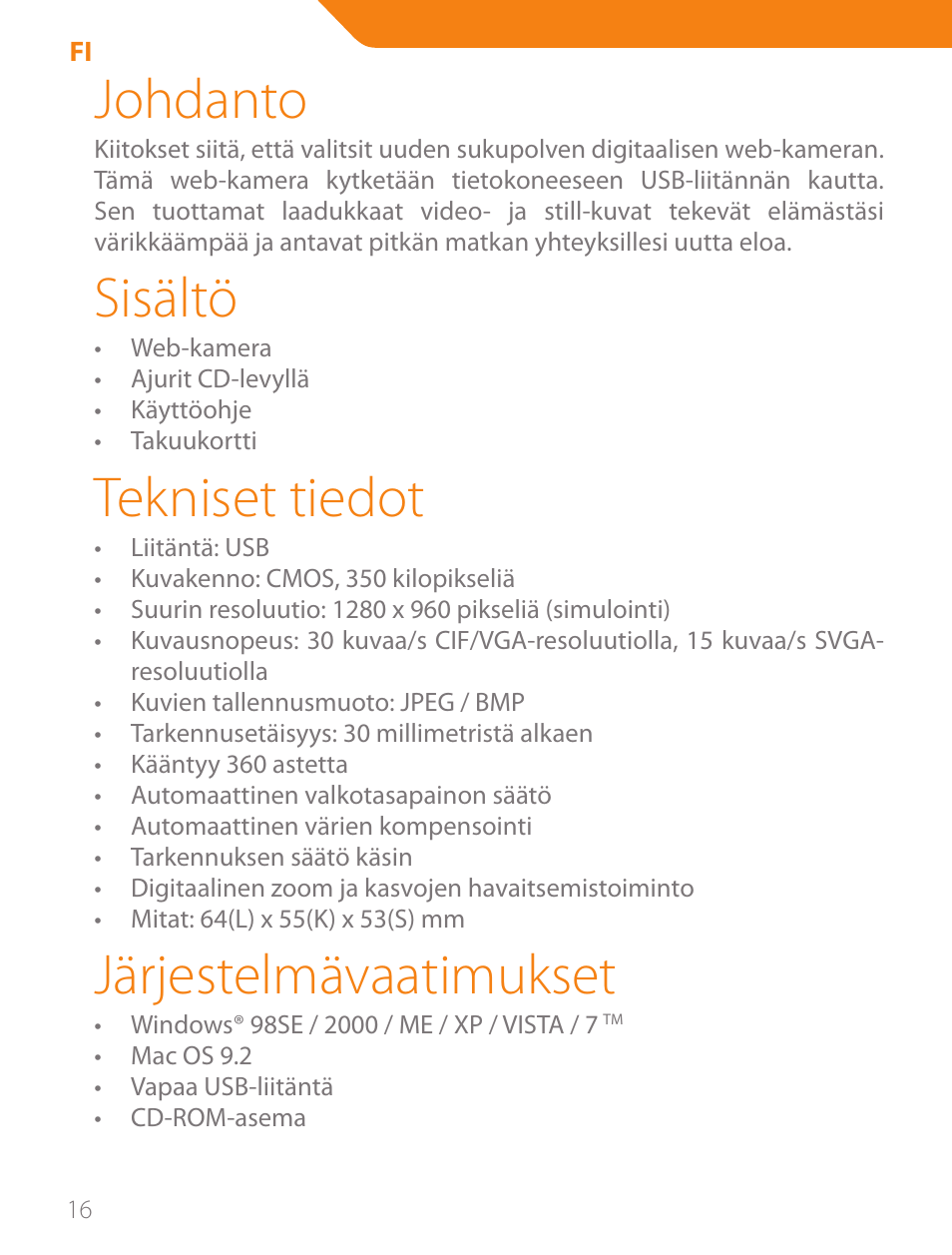 Johdanto, Sisältö, Tekniset tiedot | Järjestelmävaatimukset | Acme CA03 User Manual | Page 16 / 40