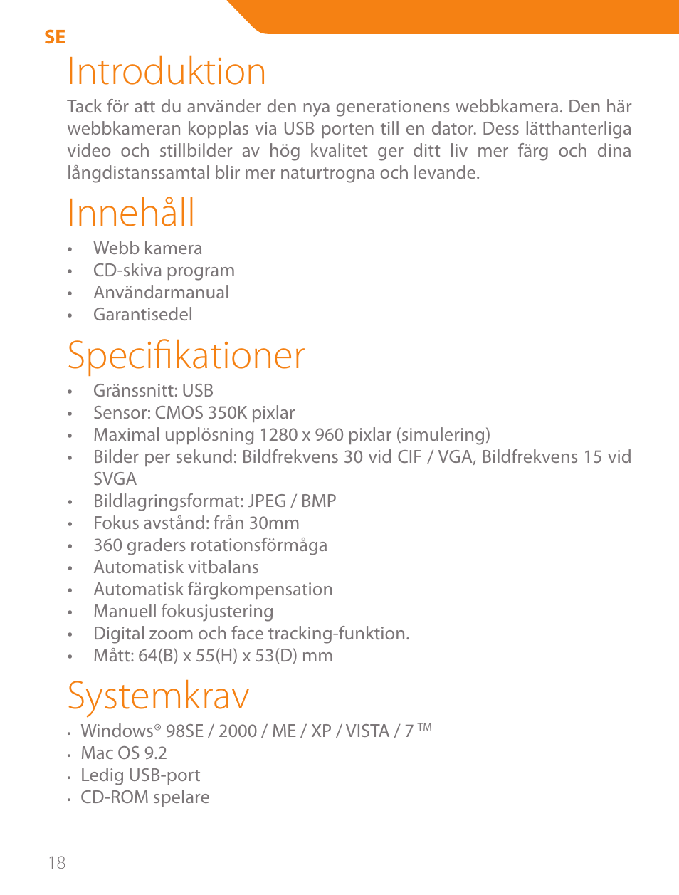 Introduktion, Innehåll, Specifikationer | Systemkrav | Acme CA03 User Manual | Page 18 / 40