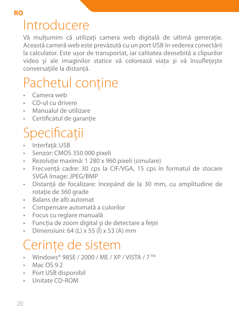 Introducere, Pachetul conţine, Specificaţii | Cerinţe de sistem | Acme CA03 User Manual | Page 20 / 40