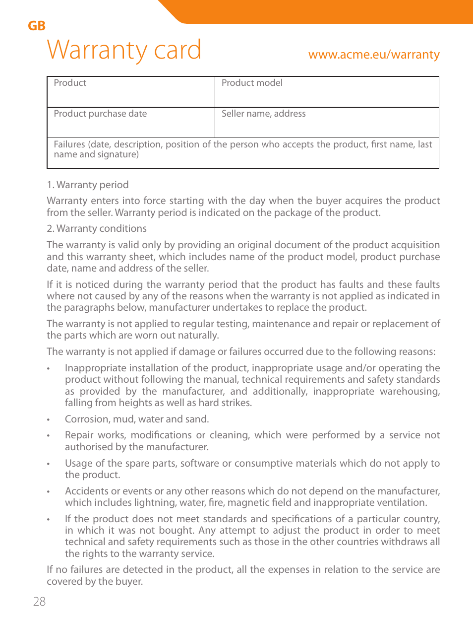 Warranty card | Acme CA03 User Manual | Page 28 / 40