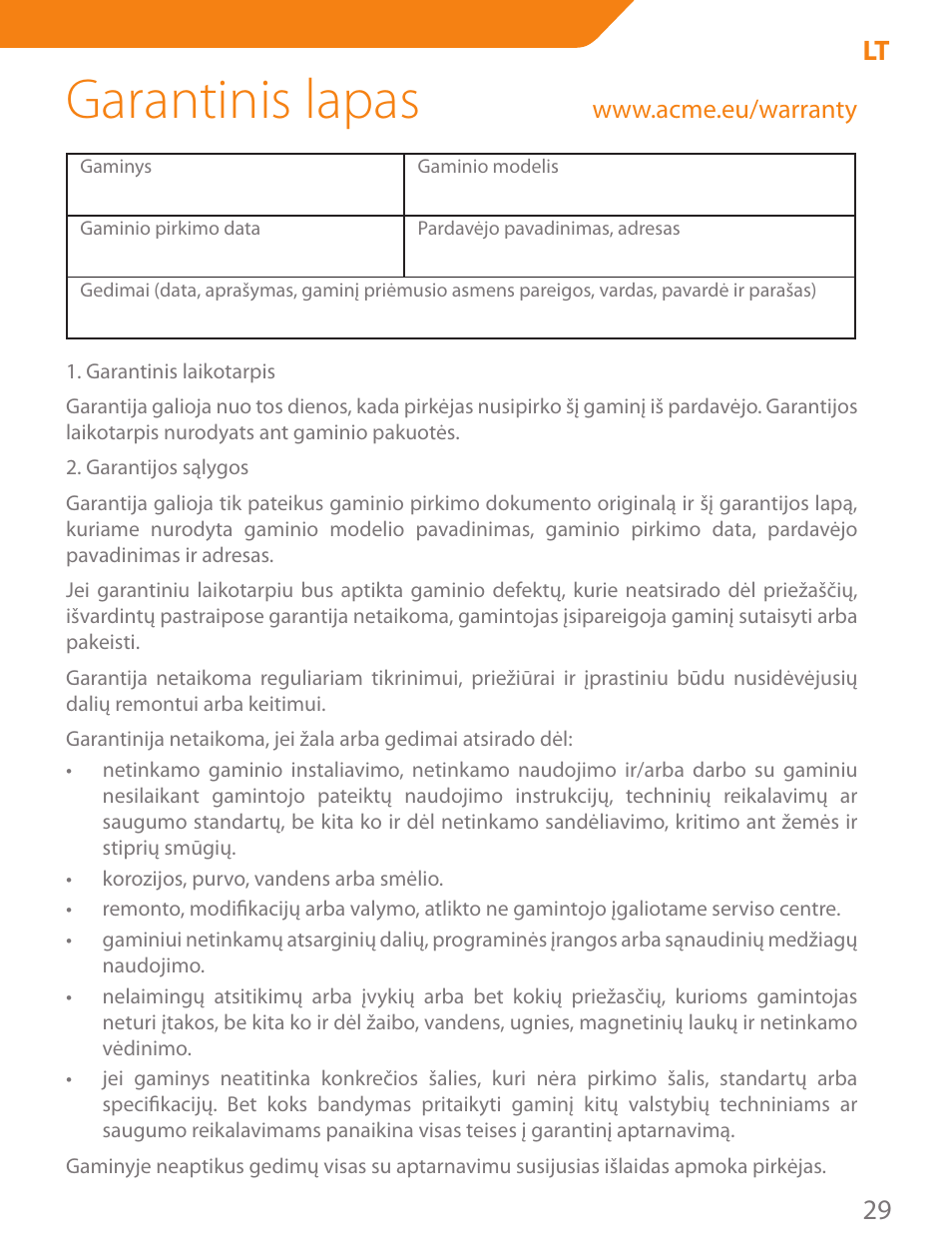 Garantinis lapas, 29 lt | Acme CA03 User Manual | Page 29 / 40