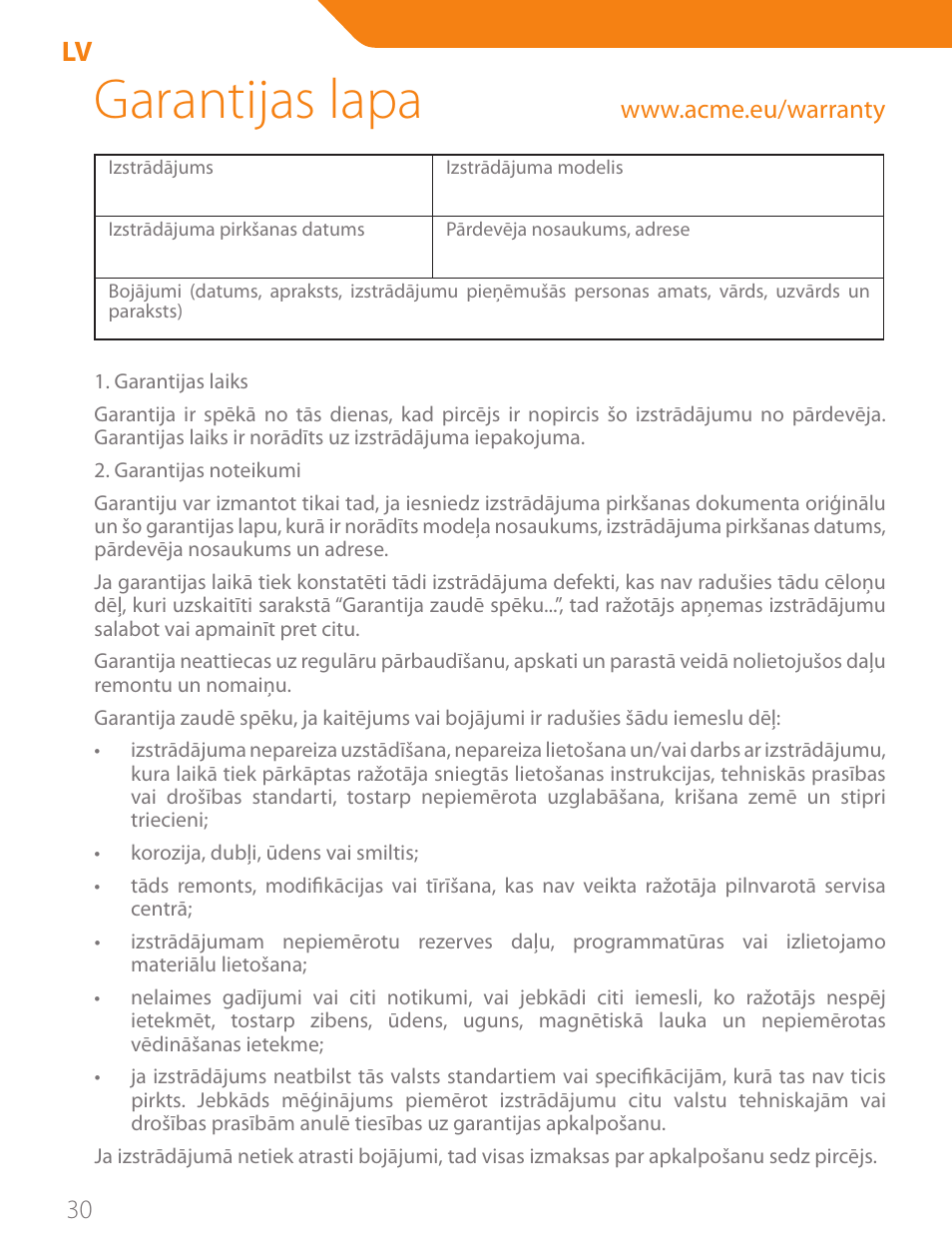 Garantijas lapa | Acme CA03 User Manual | Page 30 / 40