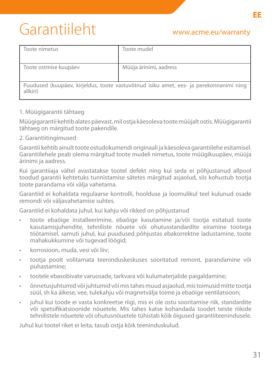 Garantiileht, 31 ee | Acme CA03 User Manual | Page 31 / 40