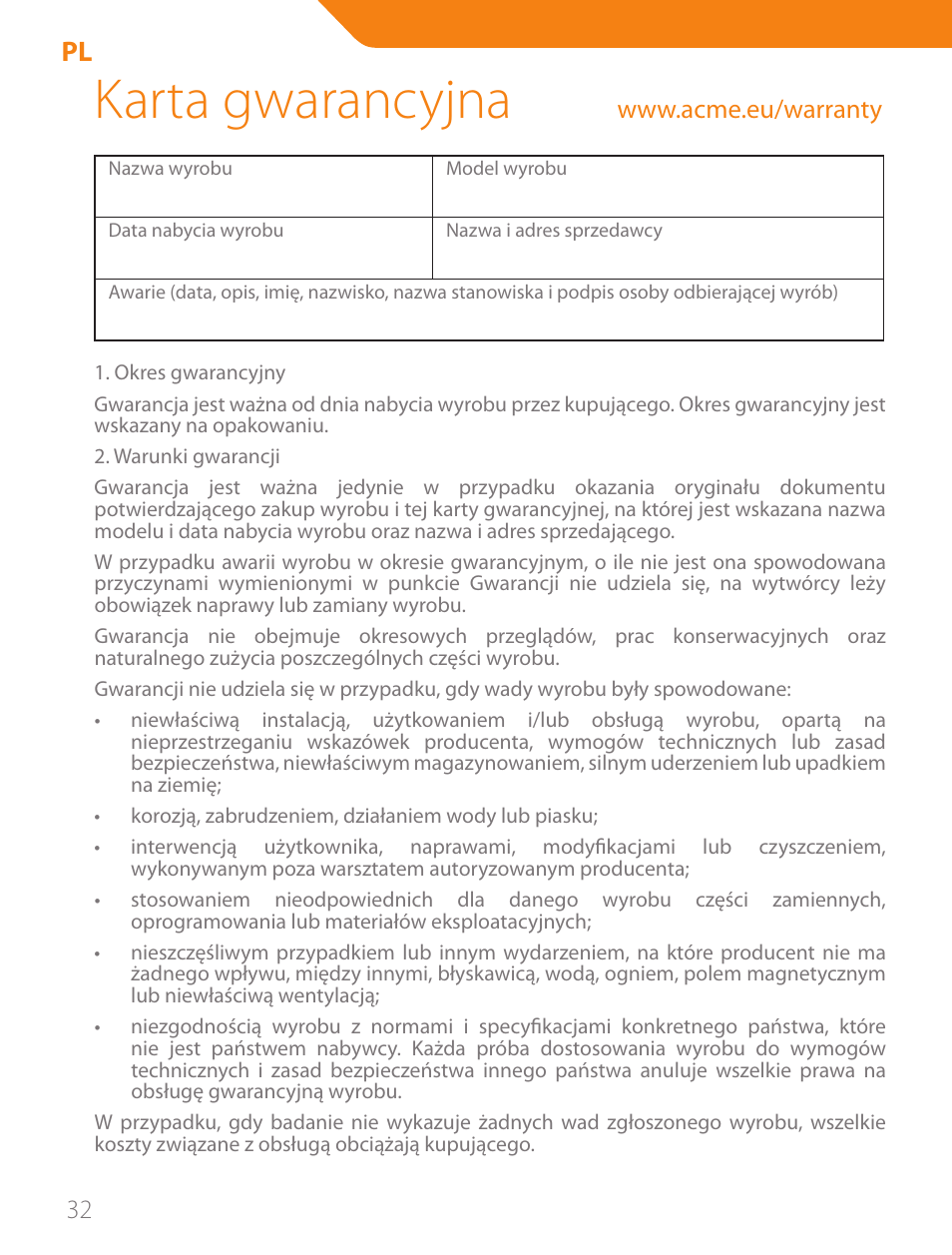 Karta gwarancyjna | Acme CA03 User Manual | Page 32 / 40