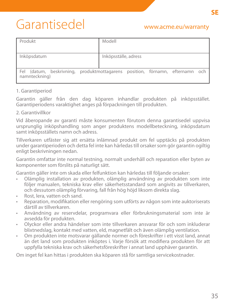 Garantisedel, 35 se | Acme CA03 User Manual | Page 35 / 40