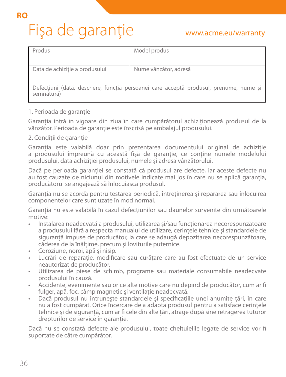 Fişa de garanţie | Acme CA03 User Manual | Page 36 / 40