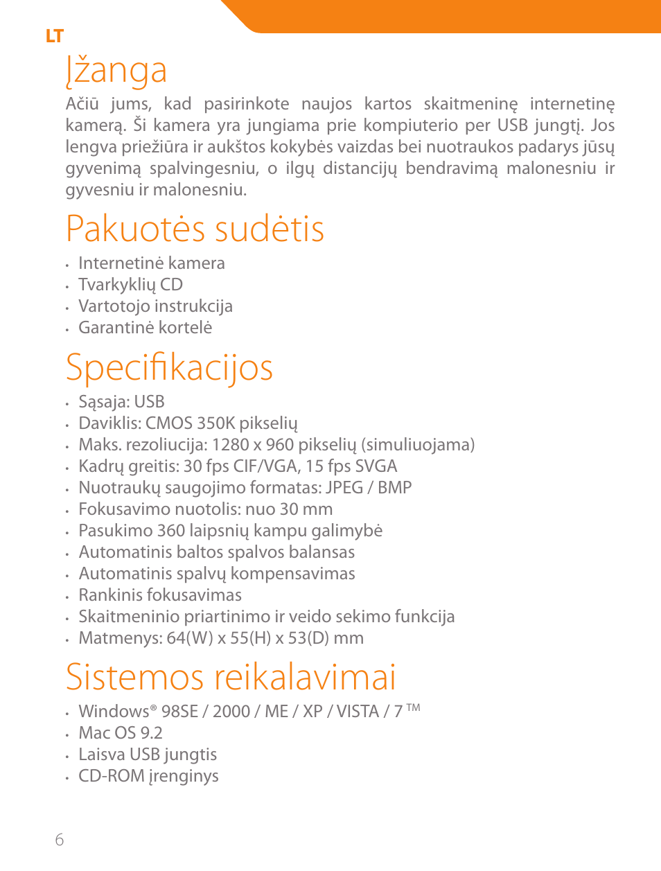 Įžanga, Pakuotės sudėtis, Specifikacijos | Sistemos reikalavimai | Acme CA03 User Manual | Page 6 / 40