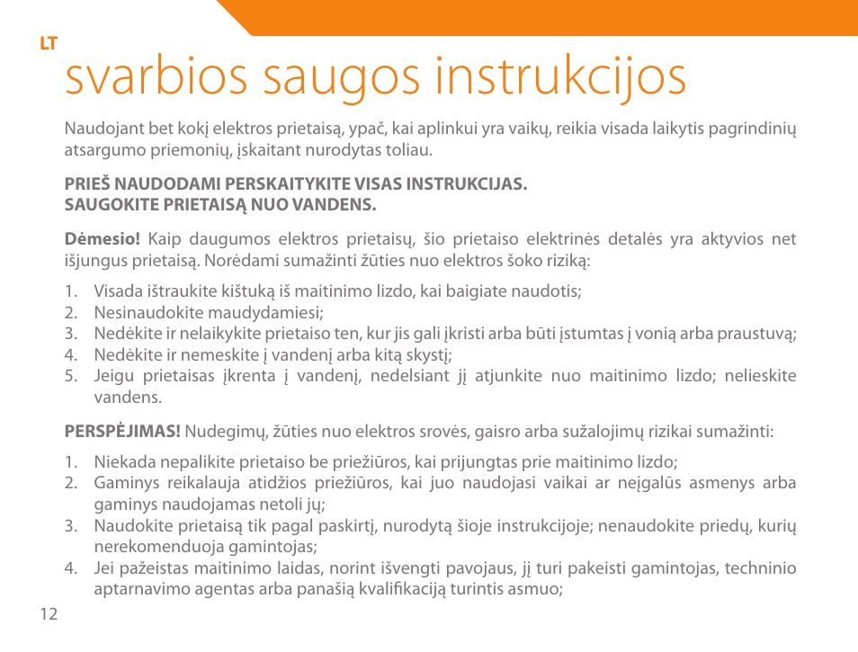 Svarbios saugos instrukcijos | Acme HD-310I User Manual | Page 12 / 108