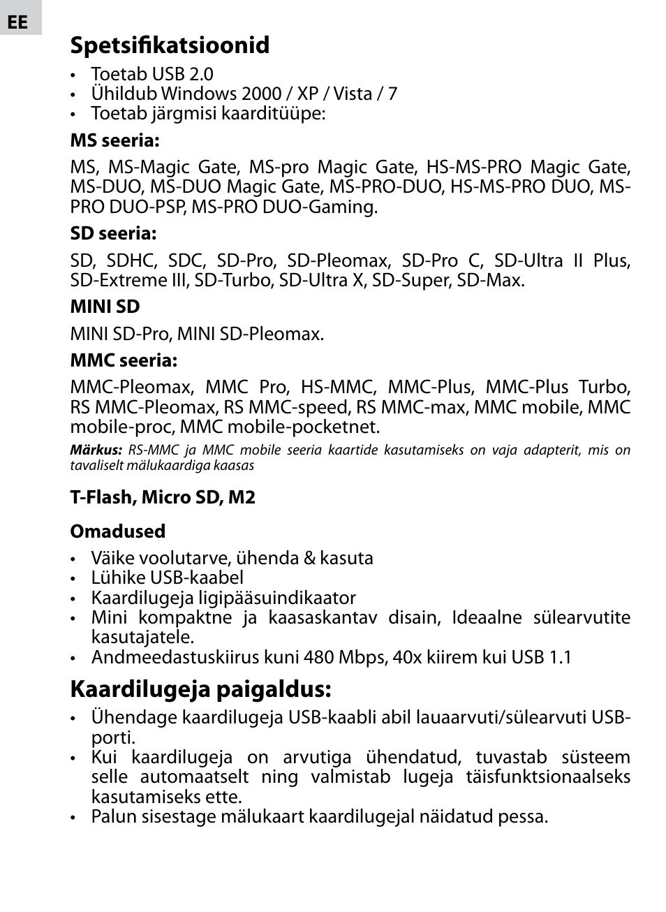 Spetsifikatsioonid, Kaardilugeja paigaldus | Acme CR-02 User Manual | Page 10 / 28