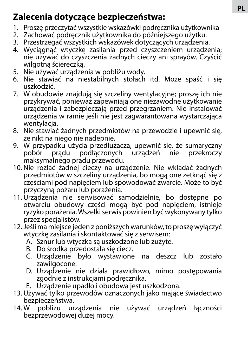 Zalecenia dotyczące bezpieczeństwa | Acme CR-02 User Manual | Page 13 / 28