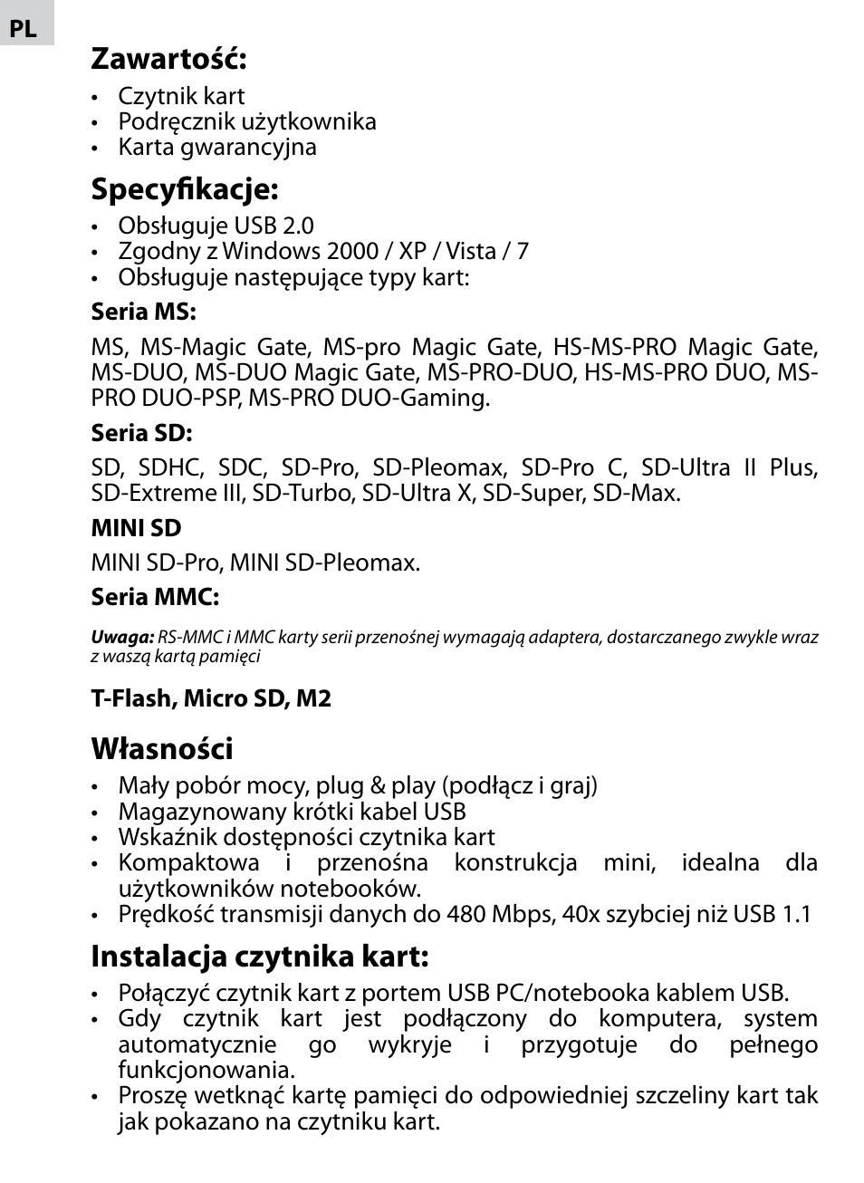 Zawartość, Specyfikacje, Własności | Instalacja czytnika kart | Acme CR-02 User Manual | Page 14 / 28