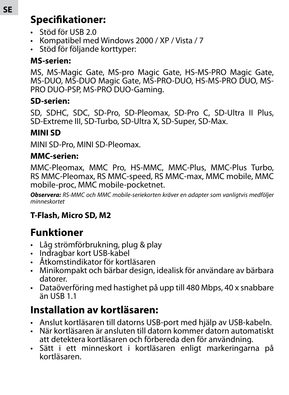 Specifikationer, Funktioner, Installation av kortläsaren | Acme CR-02 User Manual | Page 18 / 28