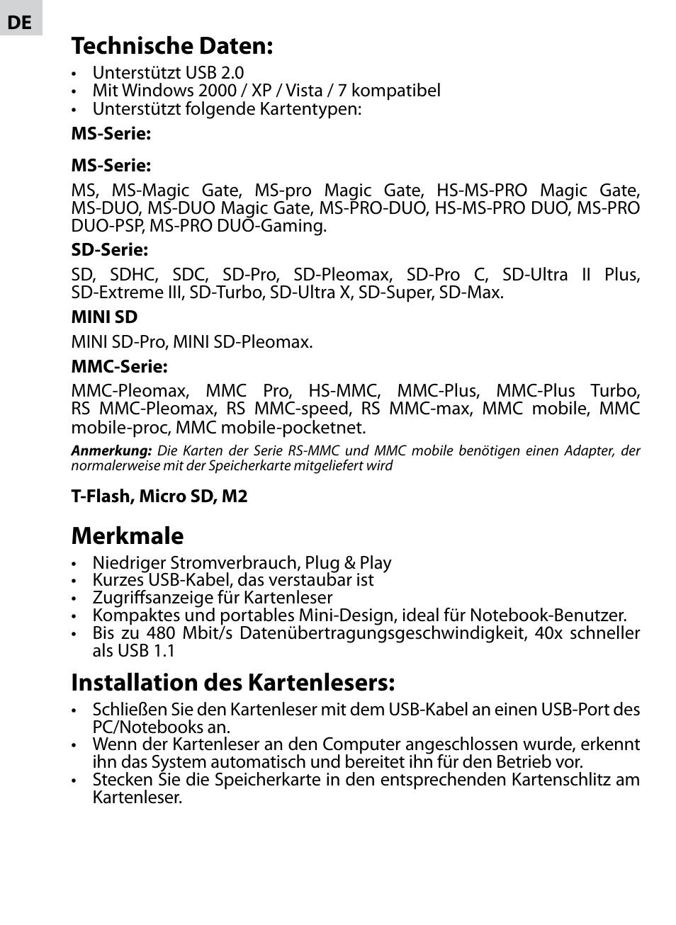 Technische daten, Merkmale, Installation des kartenlesers | Acme CR-02 User Manual | Page 20 / 28