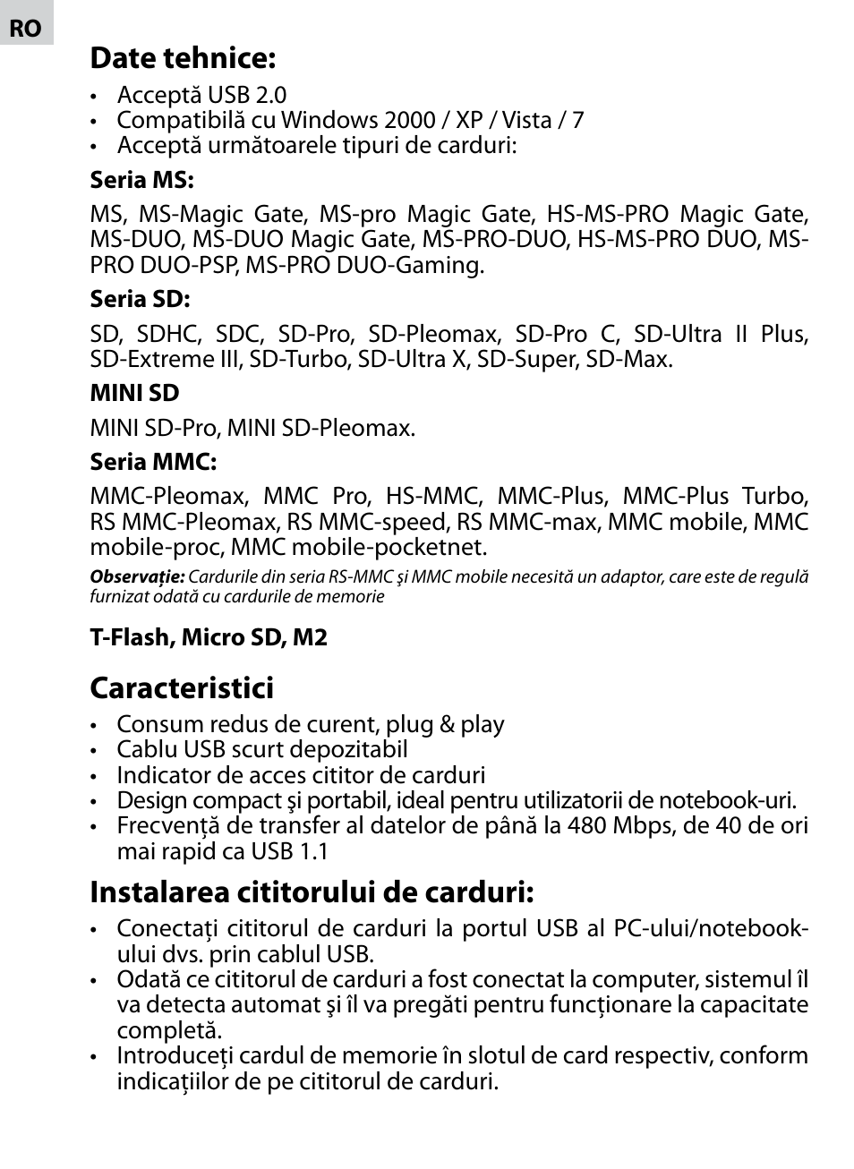 Date tehnice, Caracteristici, Instalarea cititorului de carduri | Acme CR-02 User Manual | Page 22 / 28