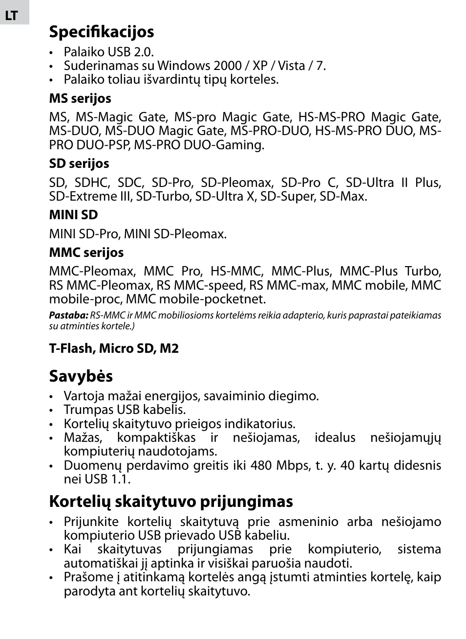 Specifikacijos, Savybės, Kortelių skaitytuvo prijungimas | Acme CR-02 User Manual | Page 6 / 28
