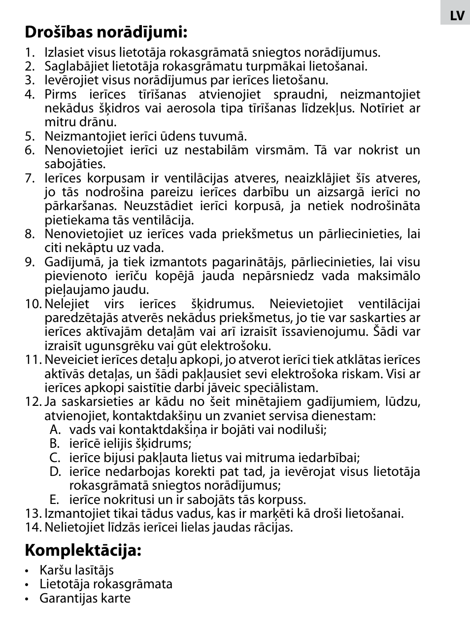 Drošības norādījumi, Komplektācija | Acme CR-02 User Manual | Page 7 / 28