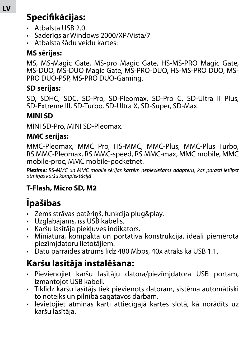 Specifikācijas, Īpašības, Karšu lasītāja instalēšana | Acme CR-02 User Manual | Page 8 / 28