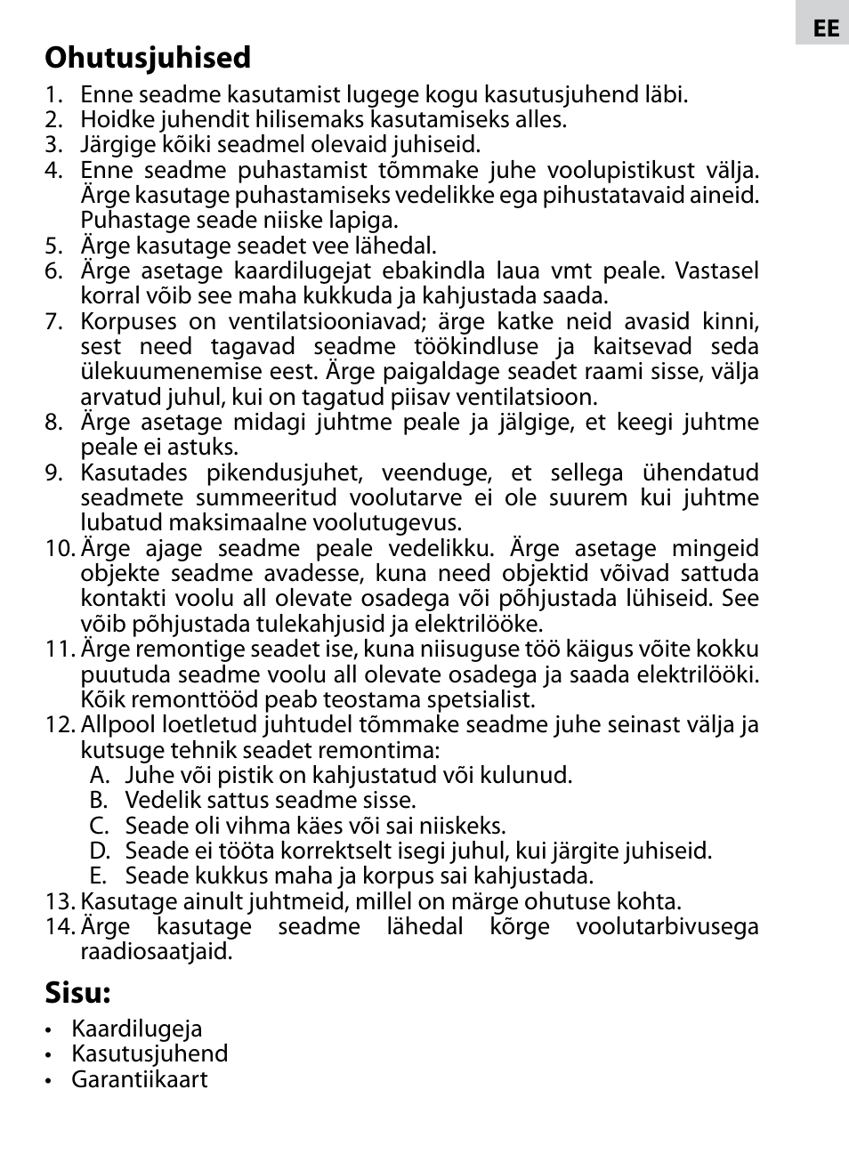 Ohutusjuhised, Sisu | Acme CR-02 User Manual | Page 9 / 28