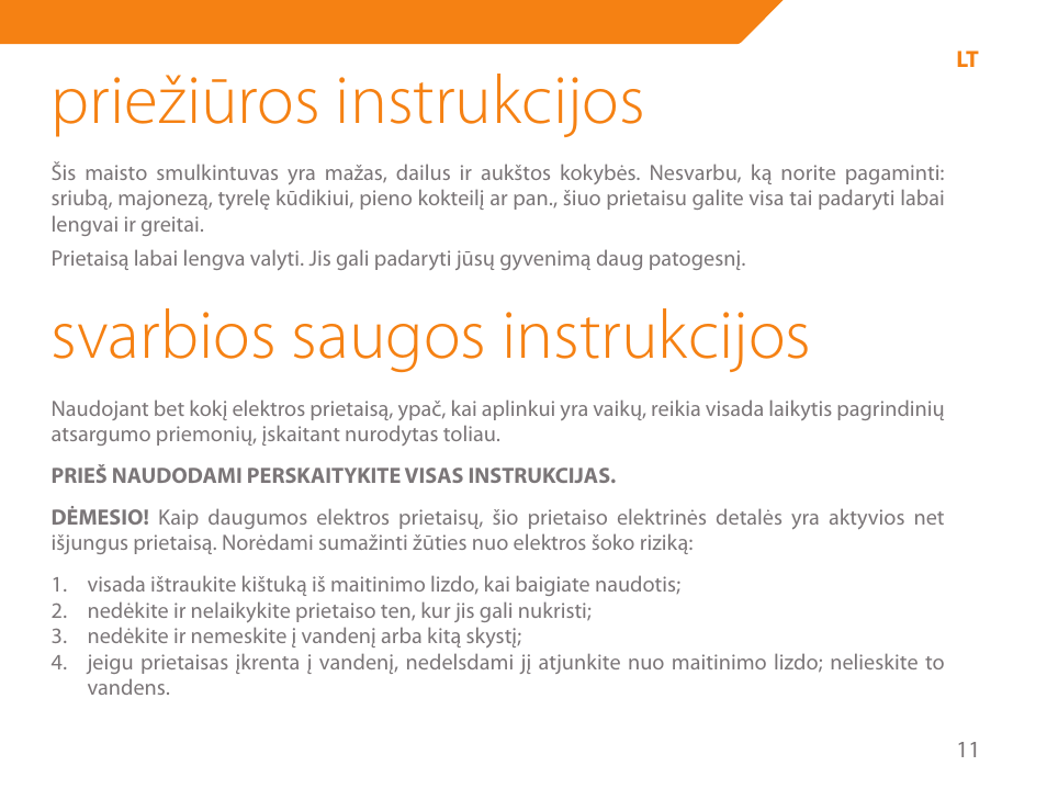 Priežiūros instrukcijos, Svarbios saugos instrukcijos | Acme BE-100 User Manual | Page 11 / 88