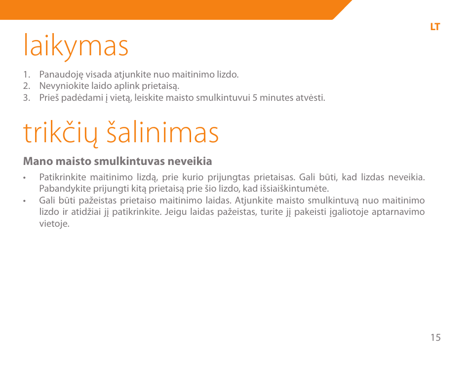Laikymas, Trikčių šalinimas | Acme BE-100 User Manual | Page 15 / 88