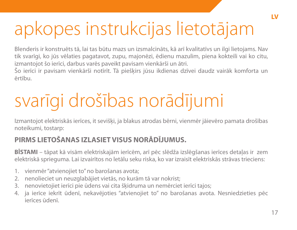 Apkopes instrukcijas lietotājam, Svarīgi drošības norādījumi | Acme BE-100 User Manual | Page 17 / 88