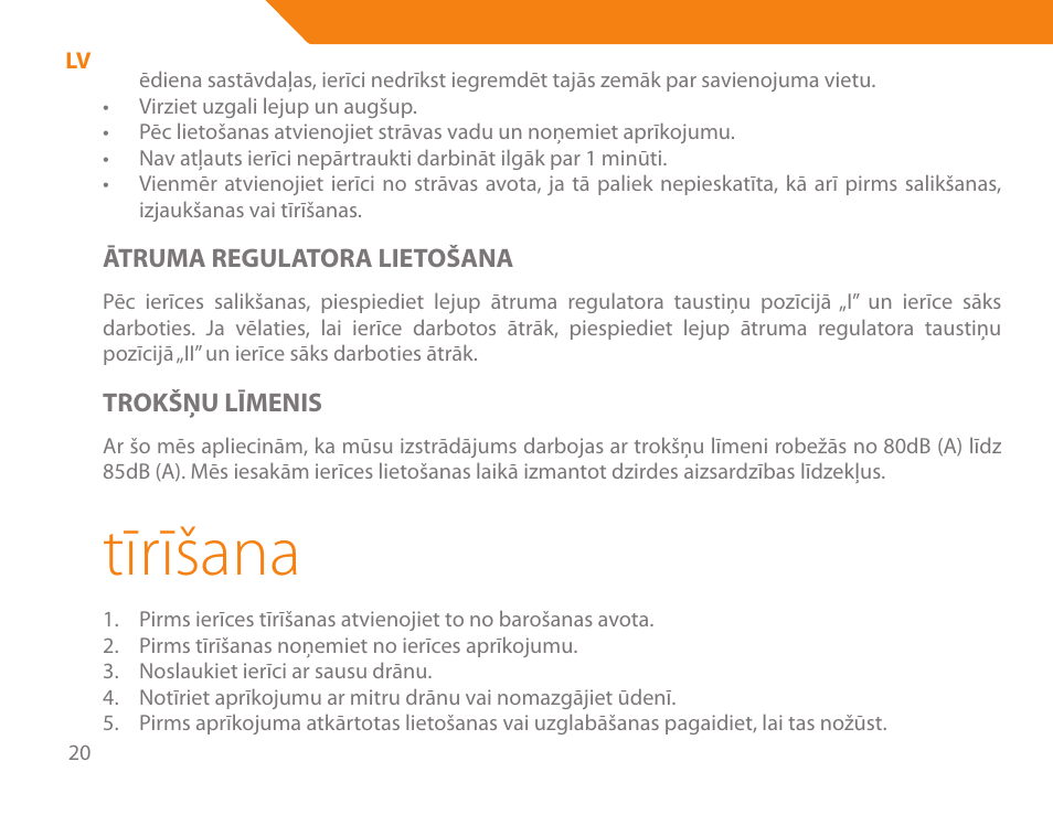 Tīrīšana | Acme BE-100 User Manual | Page 20 / 88